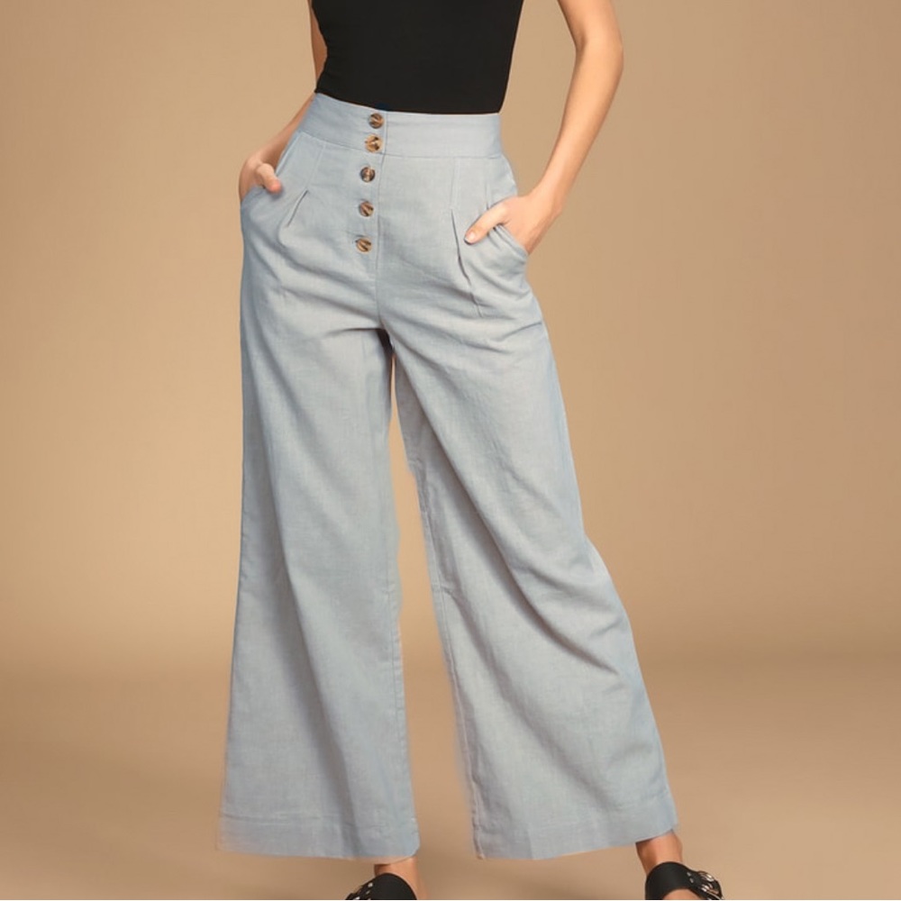 Wide Leg Linen button front trouser pants baby blue